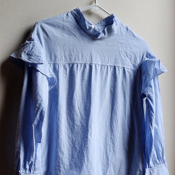 Blue Ruffled Micro-Striped Blouse Size Medium - Picture 5 of 16
